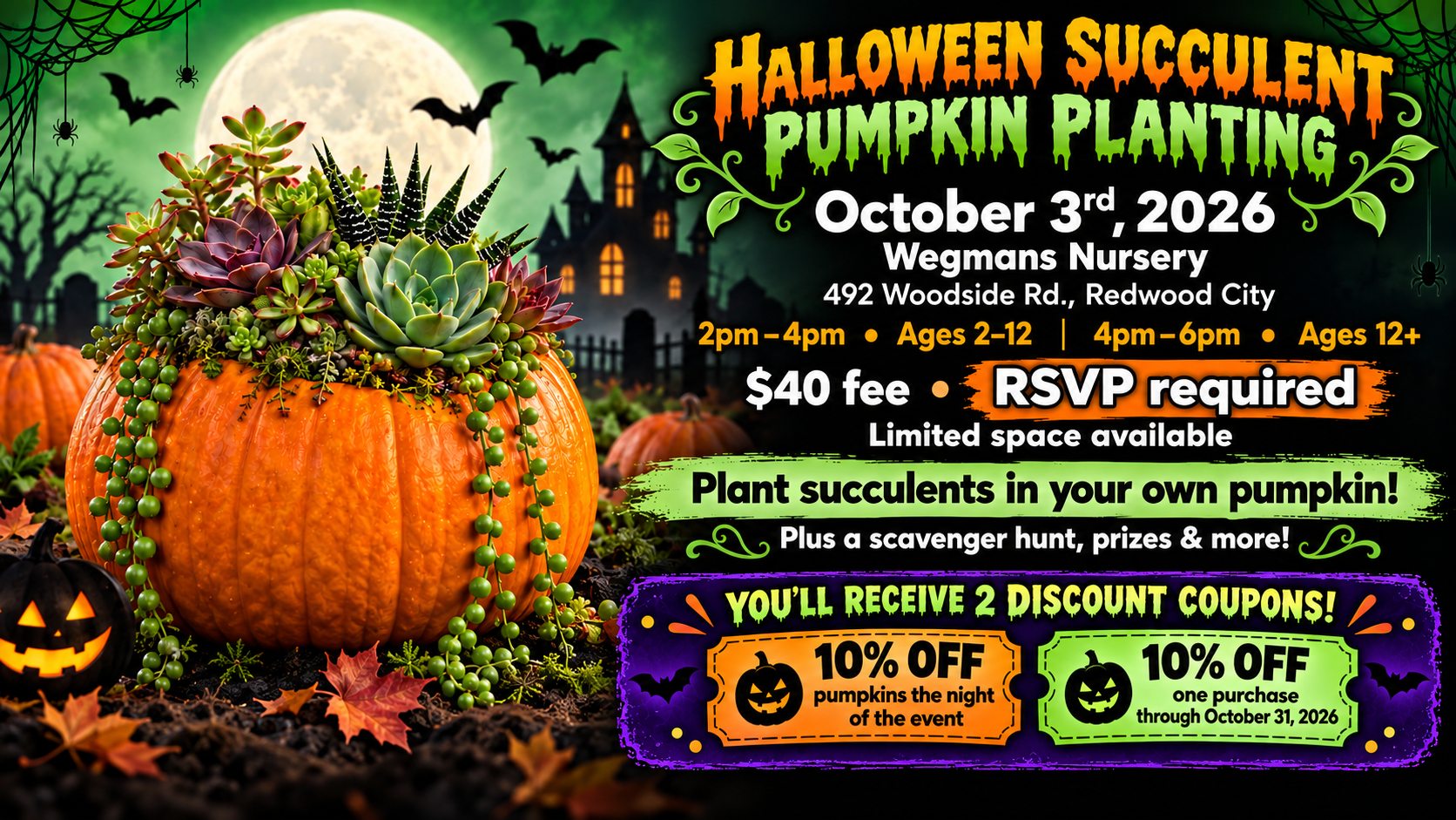 Fall Harvest Sale: Sept 18-27, 30% off all items, Sale excludes Halloween items and pumpkins, haybales, cornstalks. on a brown background with autumn leaves and flowers border